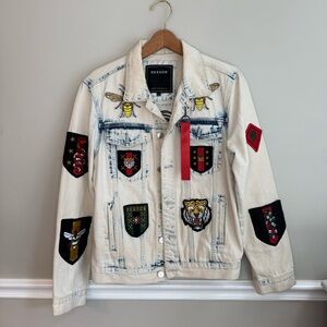 Reason Cream Distressed Denim Streetwear Moto Jacket with Colorful Patches NWOT